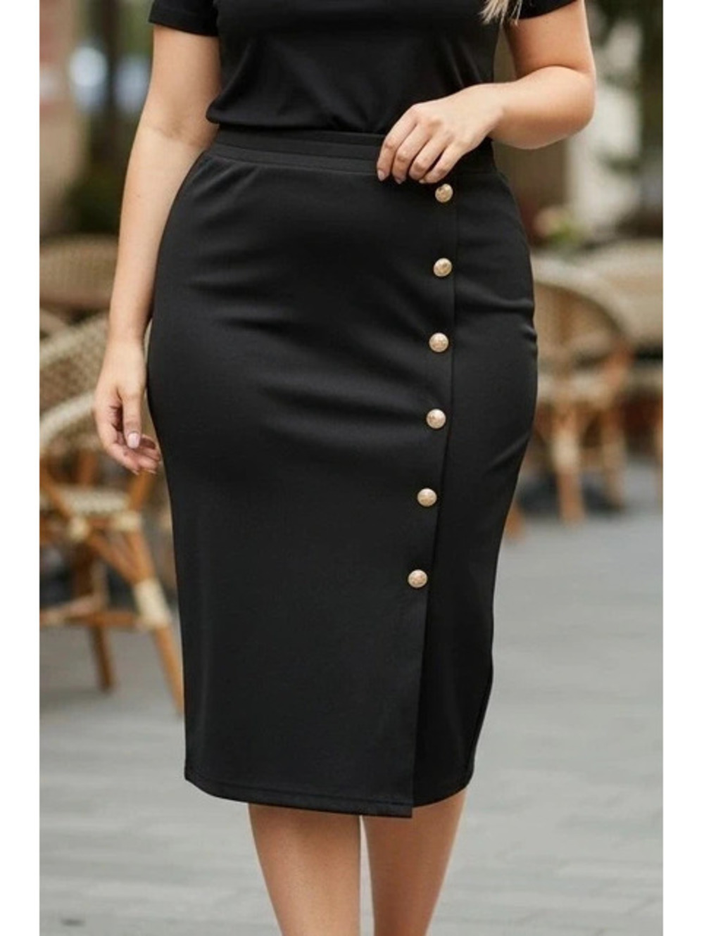 Elegant Black Pencil Midi Skirt with Gold Lion Buttons Size 2XL